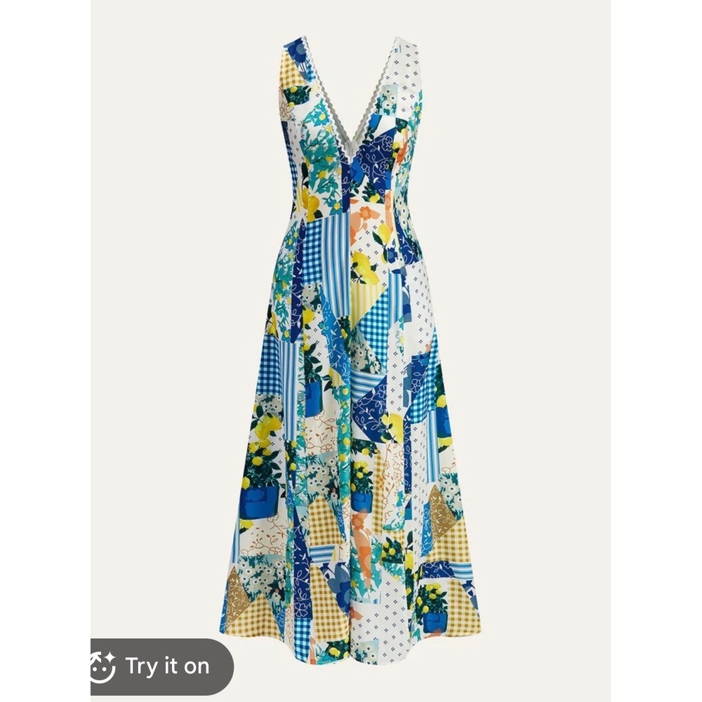 Patchwork Floral Gingham VNeck Maxi Dress Blue Yellow Ric Rac medium boho resort